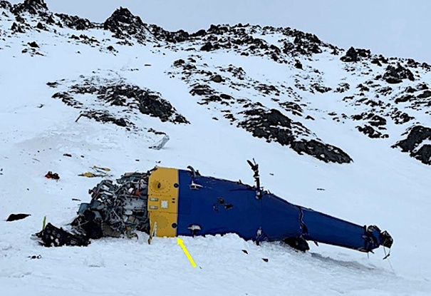 The wreckage of the crashed helicopter